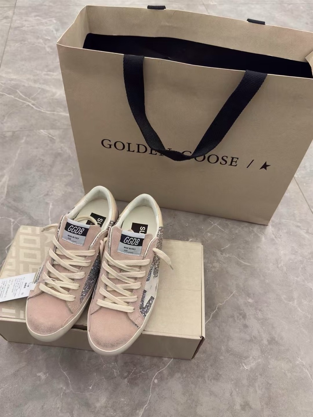 Golden Goose Blush Pink Suede Sneakers with Silver Glitter Star - Picture 8 of 10